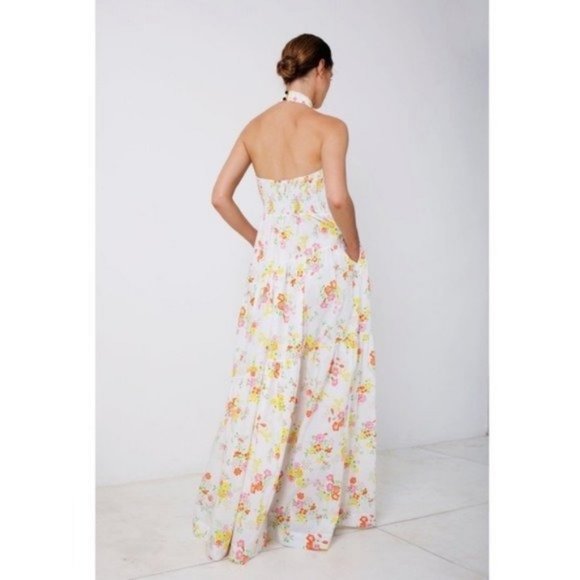 S/W/F Shirred Floral Print Halter Sleeveless Tiered Garden Party Maxi Dress SWF - Picture 5 of 5